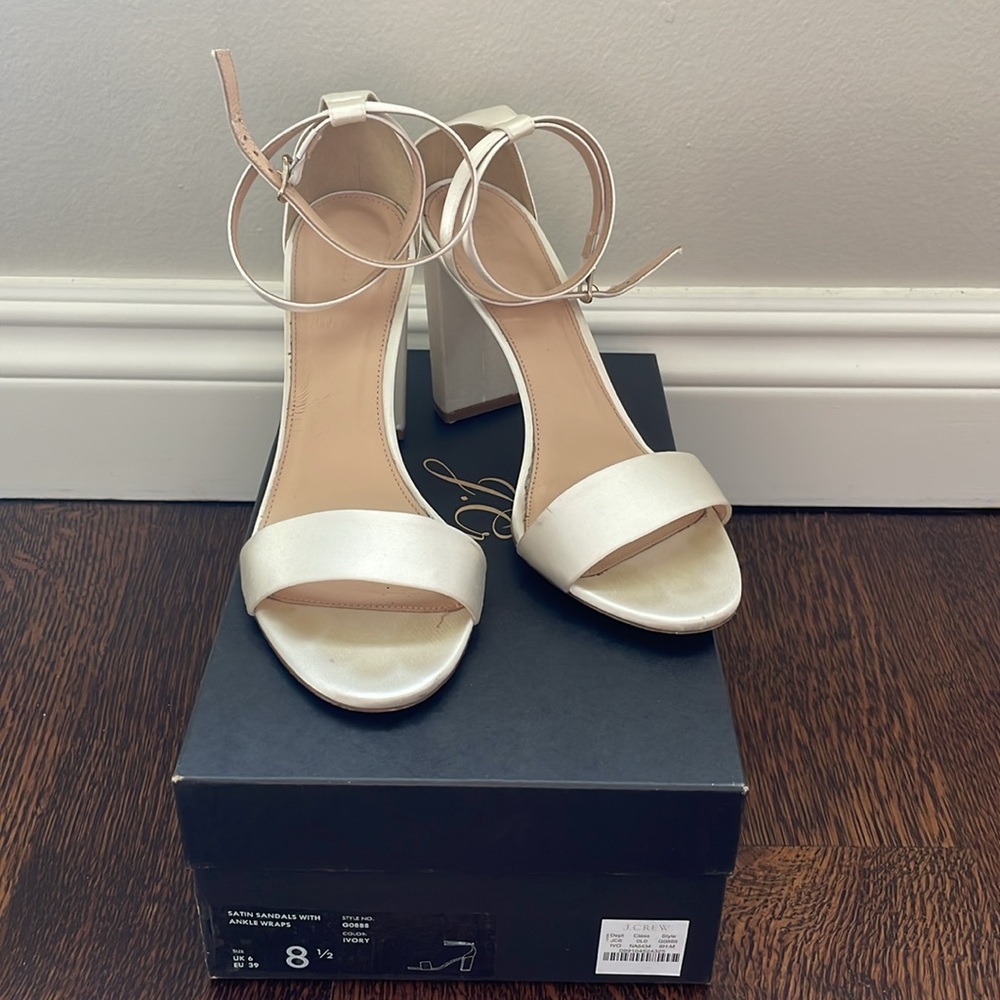 J. Crew ivory satin heels with ankle straps